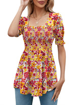 LOMON Women's Tunics Square Neck Puff Short Sleeve Smocked Top Ladies Peplum Blouse Tee Shirts 2025 Spring Summer S-XL