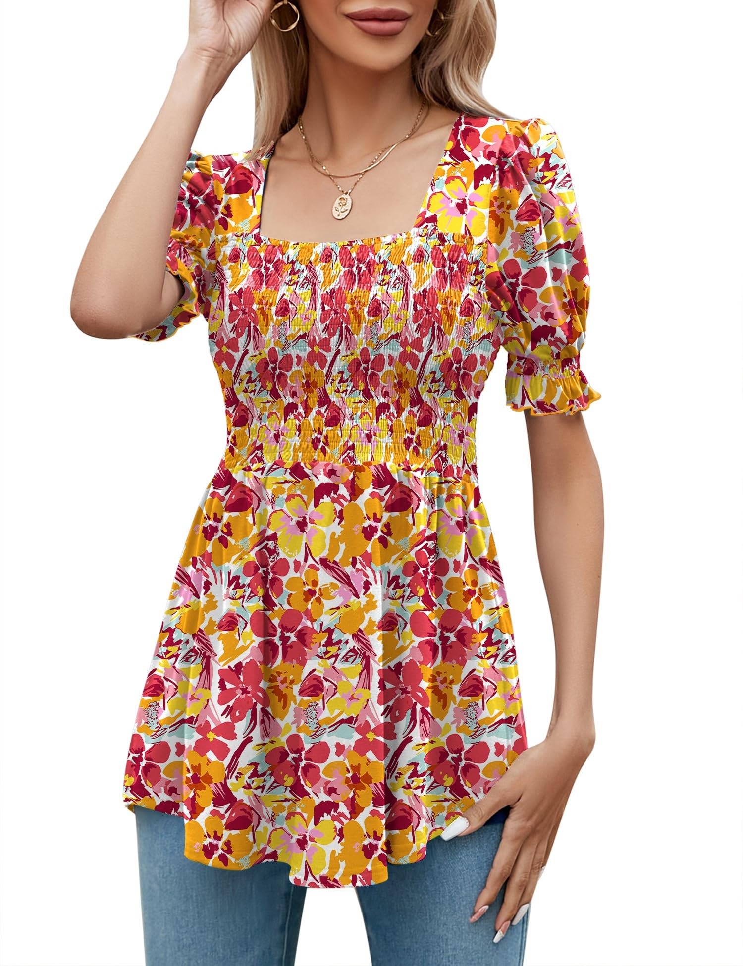 LOMON Women's Tunics Square Neck Puff Short Sleeve Smocked Top Ladies Peplum Blouse Tee Shirts 2025 Spring Summer S-XL