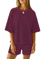 LOMON Two Piece Sets for Women Summer 3/4 Sleeve Tops and Elastic Waist Shorts Pajamas Cute Comfy Soft Lounge Striped Pjs
