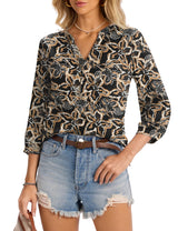 LOMON Womens Tops Dressy Summer 3/4 Length Sleeve Henley V Neck Button Down Shirts Pleated Blouses S-XXL