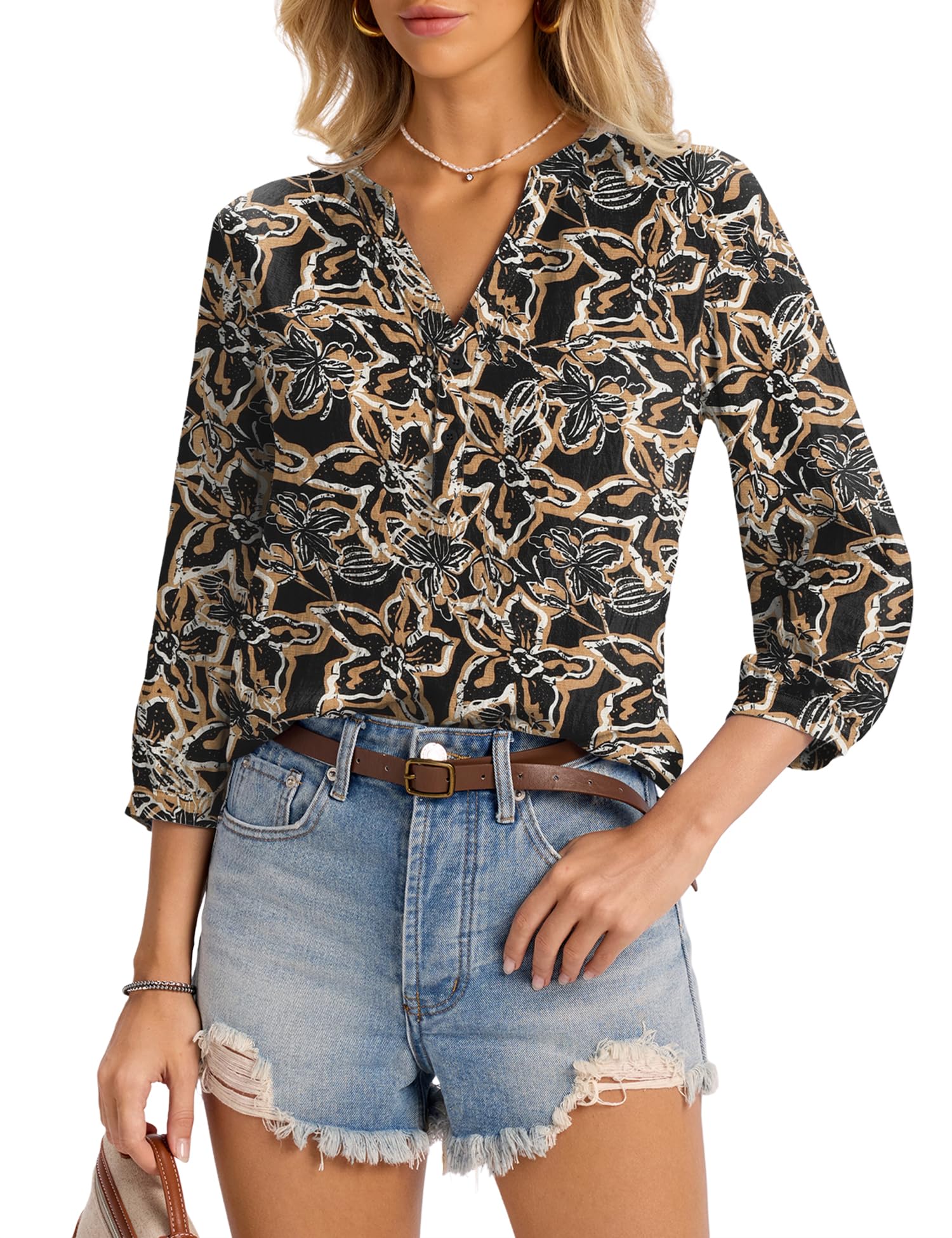 LOMON Womens Tops Dressy Summer 3/4 Length Sleeve Henley V Neck Button Down Shirts Pleated Blouses S-XXL