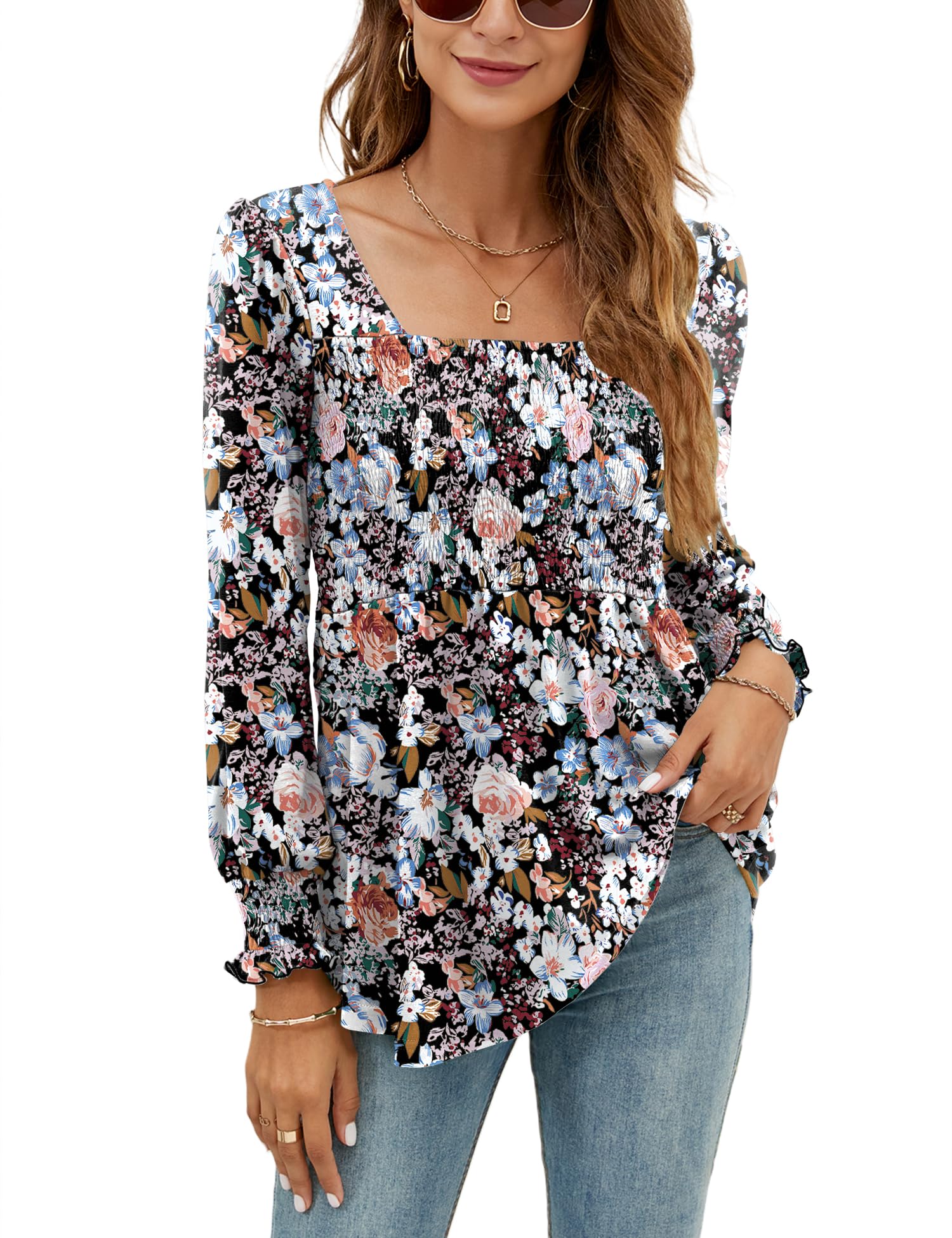 LOMON Blouses for Women Puff Long Sleeve Shirts Square Neck Casual Smocked Tunic Tops 2024 Spring Fall Winter Clothes S-XL