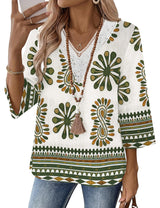 LOMON Women's 3/4 Length Sleeve Boho Tops V Neck Lace Summer Outfits Dressy Casual Flowy Shirts Vacation Clothes Blouses