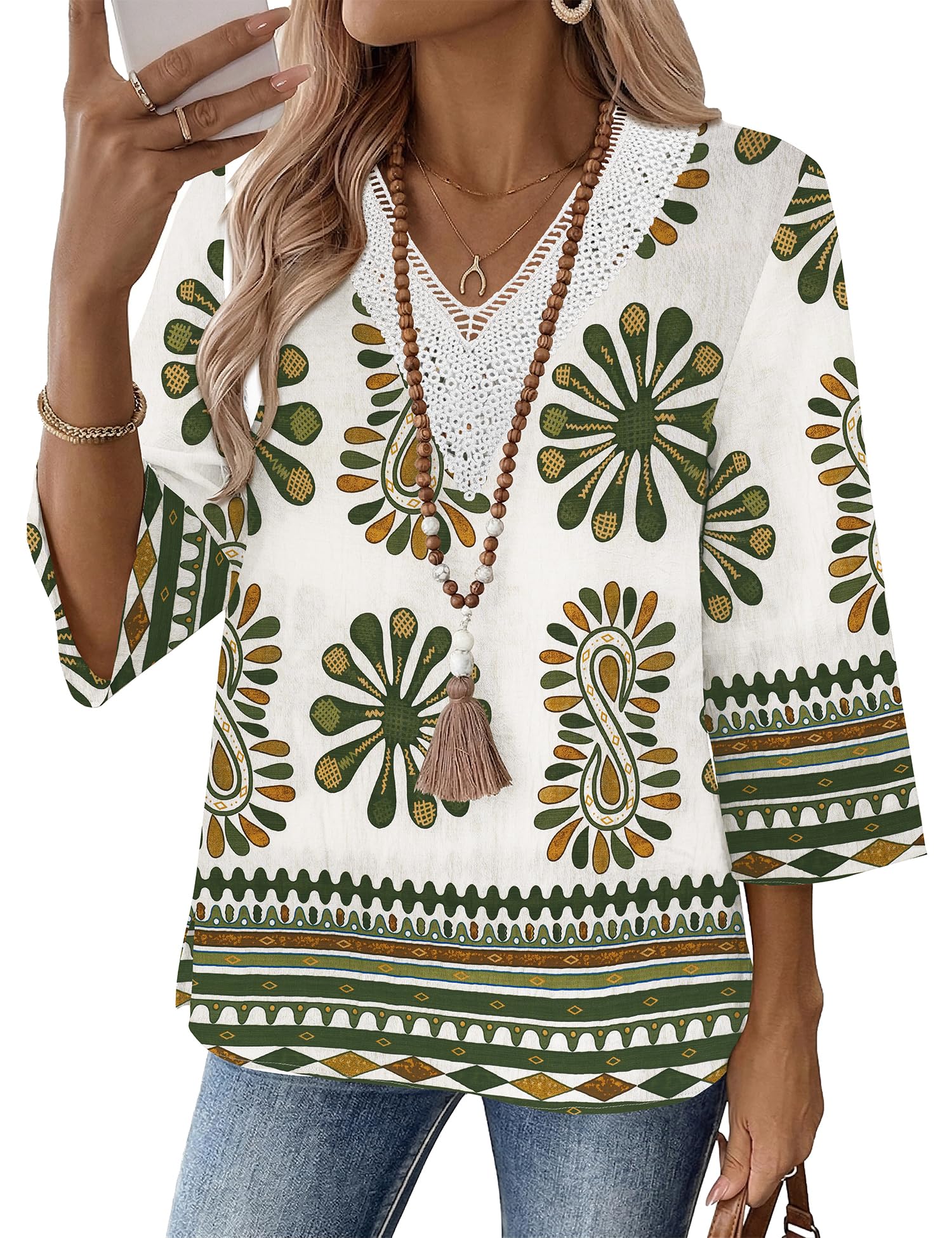 LOMON Women's 3/4 Length Sleeve Boho Tops V Neck Lace Summer Outfits Dressy Casual Flowy Shirts Vacation Clothes Blouses