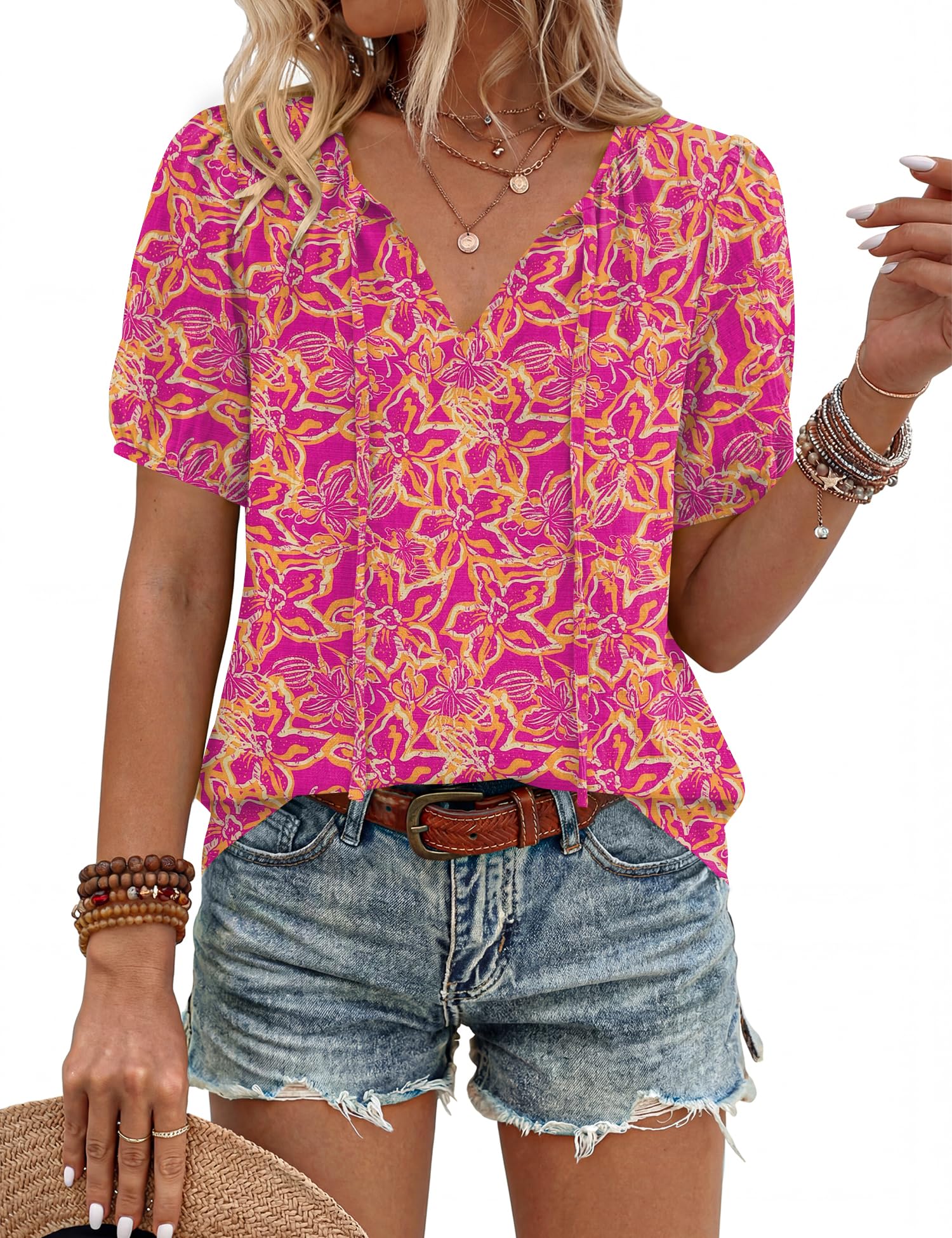 LOMON Boho Tops for Women Summer V-Neck Tie Front Peasant Blouses Casual Puff Sleeve Loose-Fit Flowy Shirts Beach Vacation