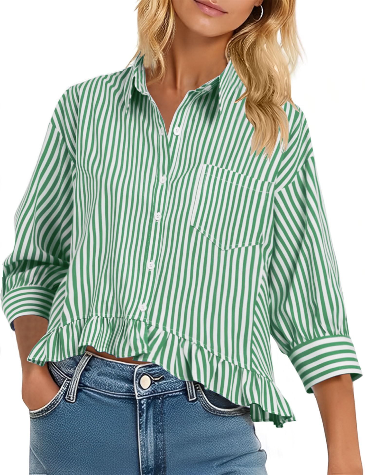 LOMON Womens 3/4 Sleeve Button Down Tops Dressy Casual Collared Shirts Blouses Ruffle Babydoll Tops Loose Fit