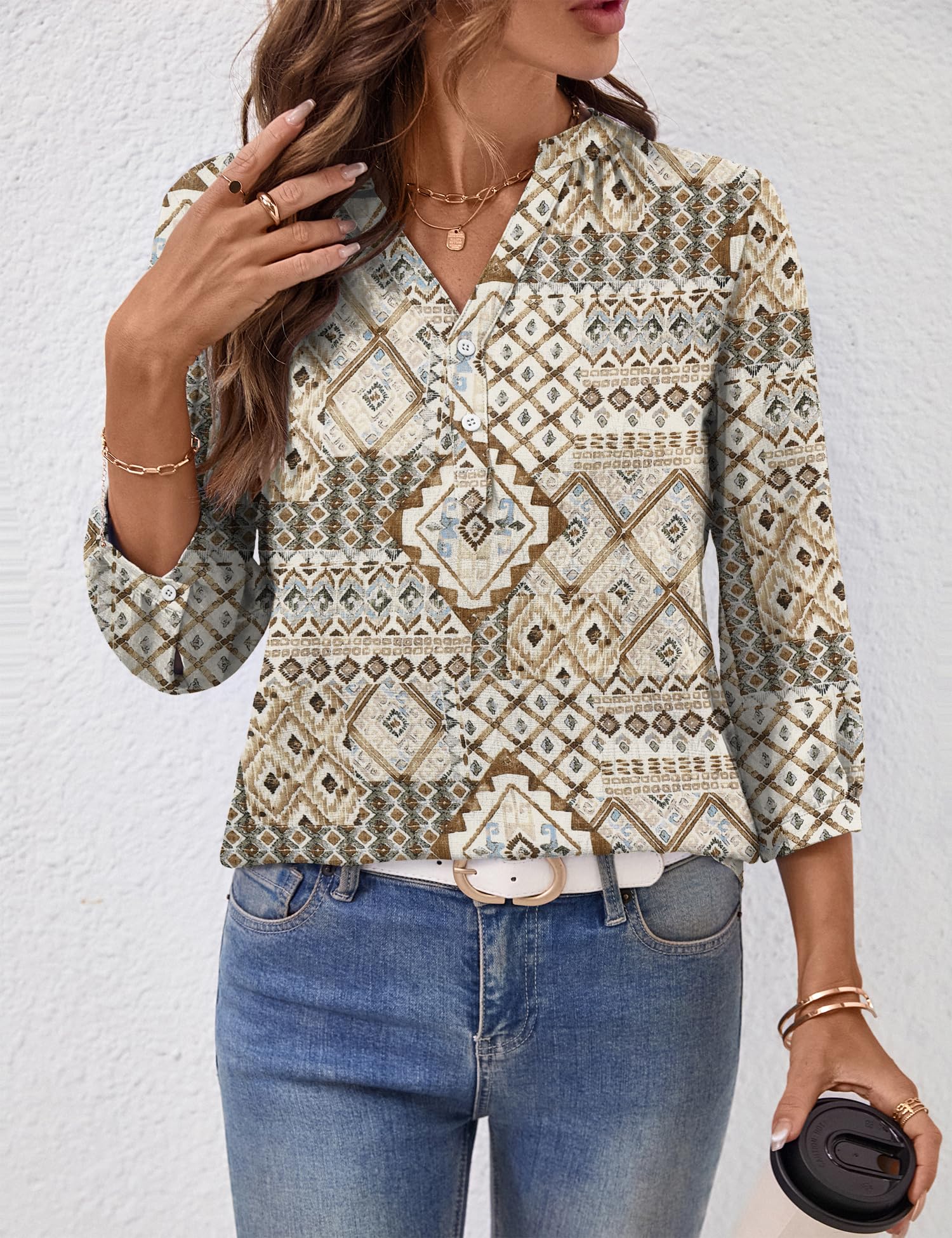 LOMON Womens Tops Dressy Summer 3/4 Length Sleeve Henley V Neck Button Down Shirts Pleated Blouses S-XXL