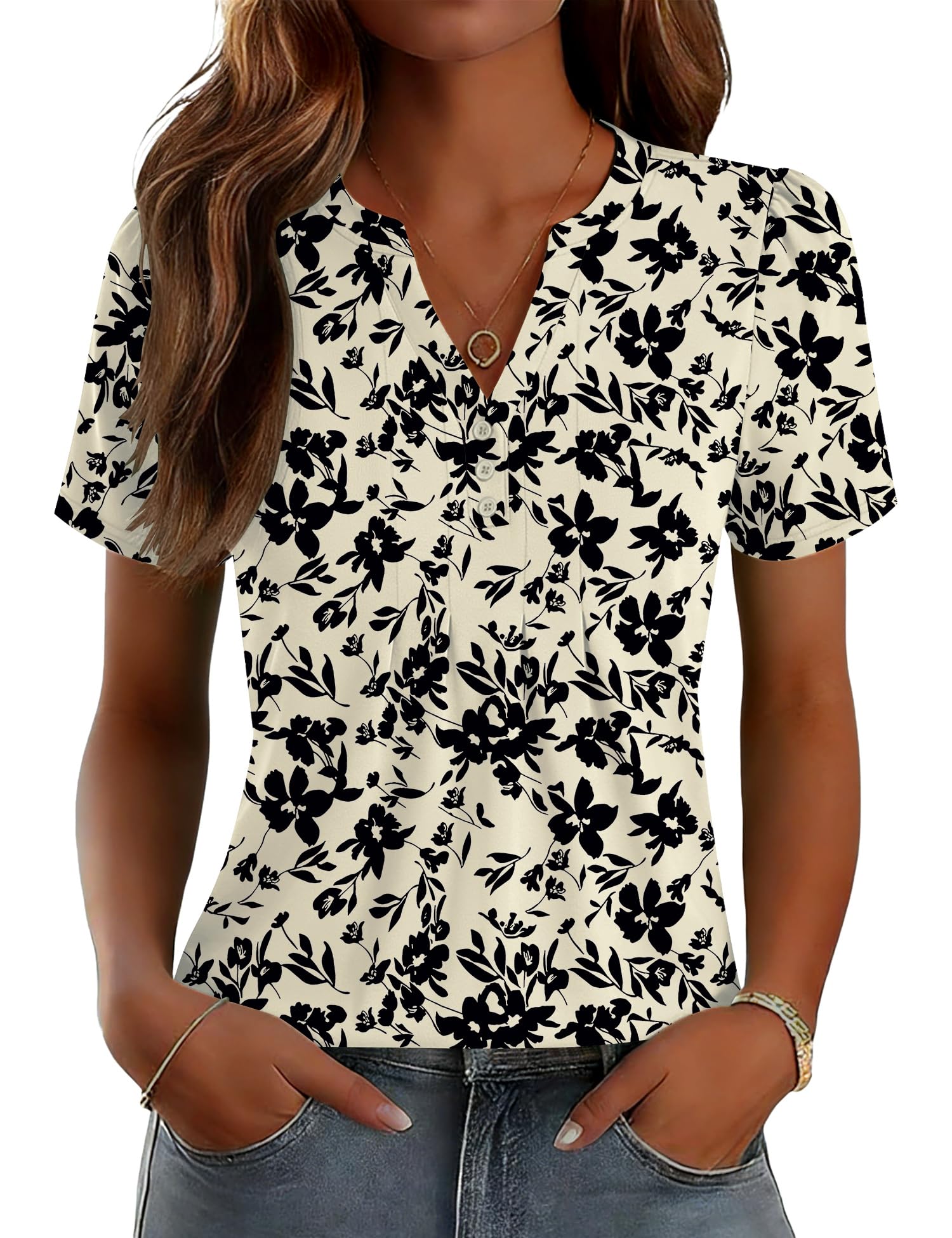 LOMON Womens Tops Dressy Casual V Neck Short Sleeve Shirts Summer Pleated Blouses Button Down Tunic Loose Fit