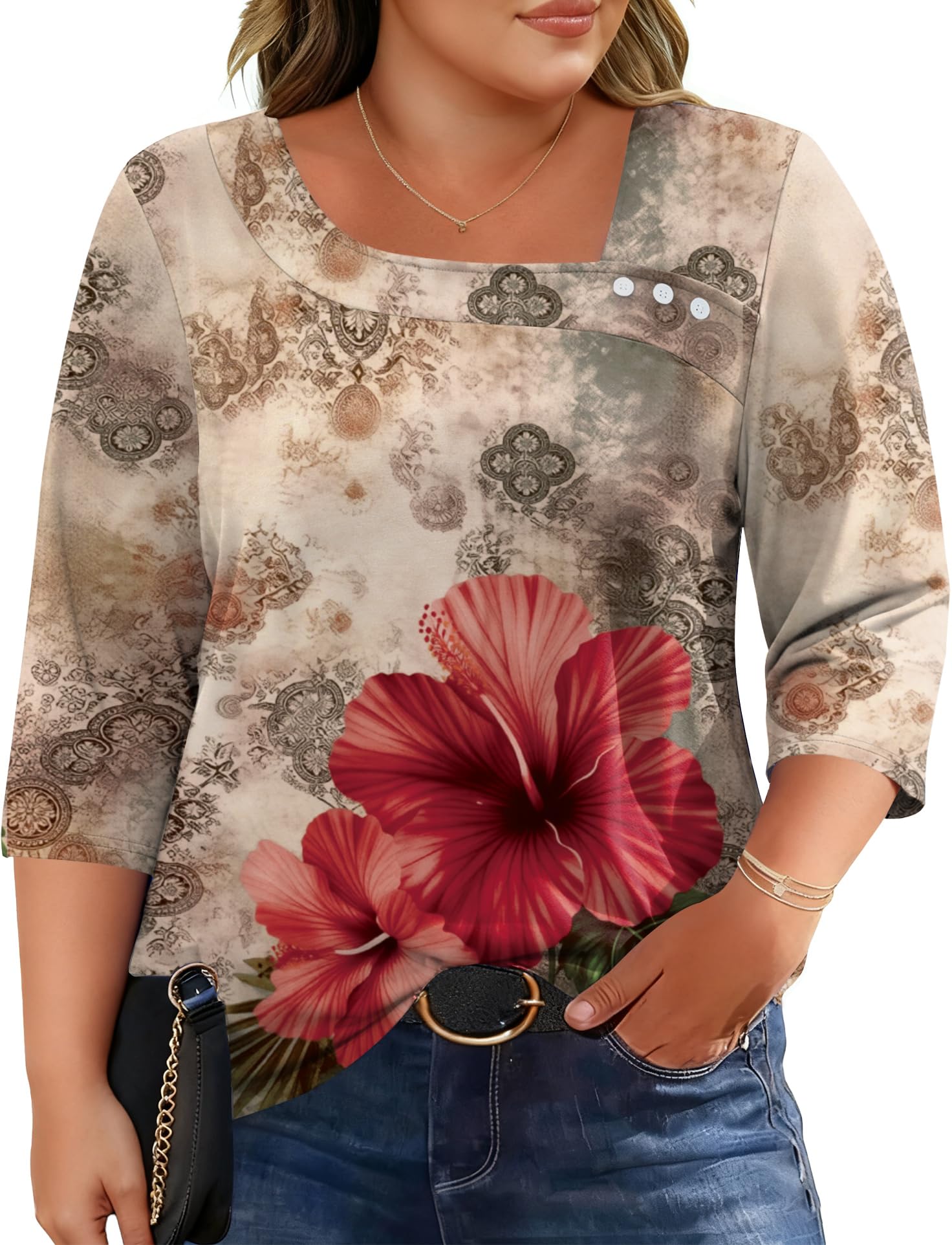 LOMON Womens Plus Size Tops 3/4 Length Sleeve T Shirts Asymmetrical Neck Blouses for Women Fashion 2026