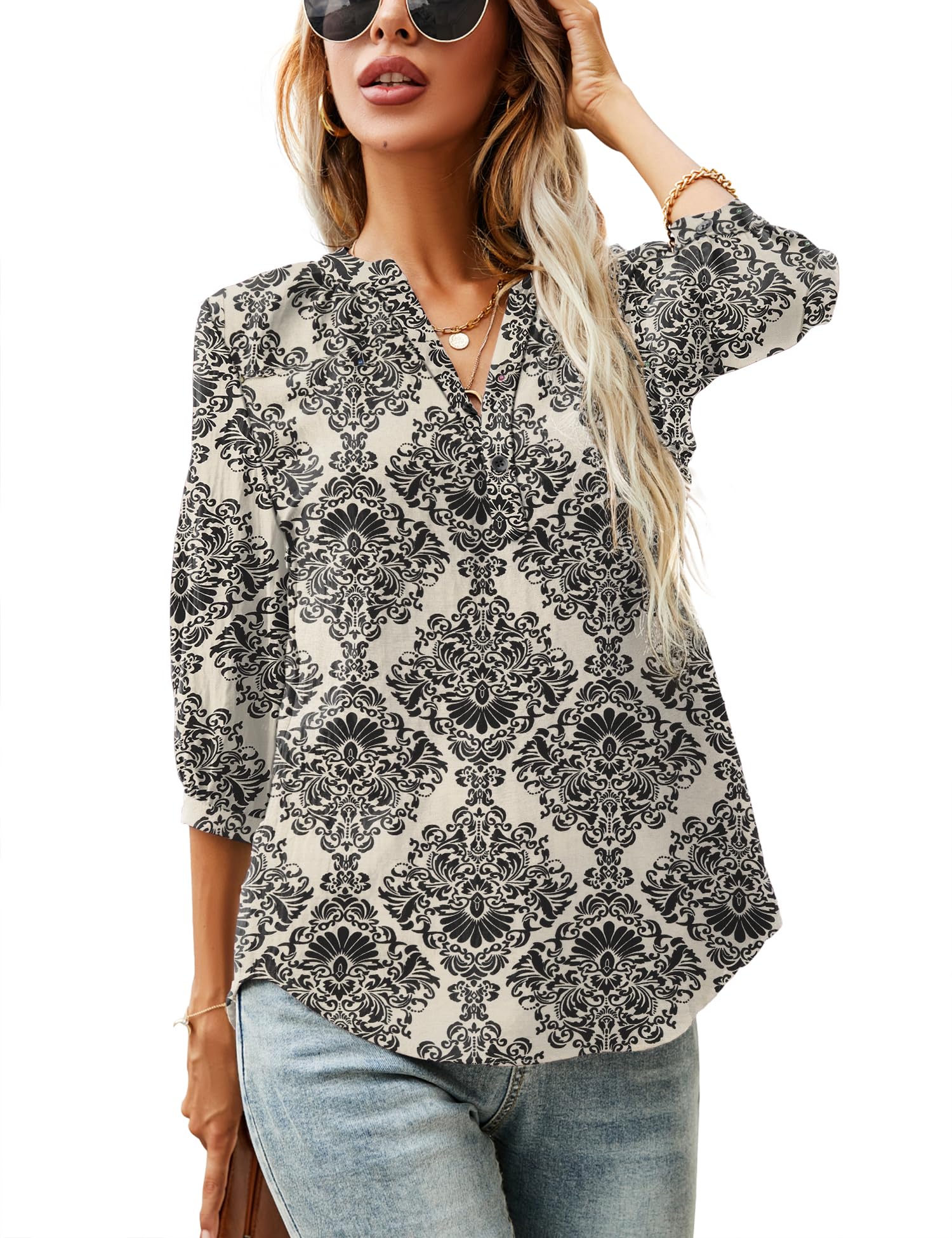 LOMON Women's Casual 3/4 Sleeve Henley V-Neck Button Up Pleated Back Blouses Swiss Dot Blouse Tops T-Shirts S-XXL