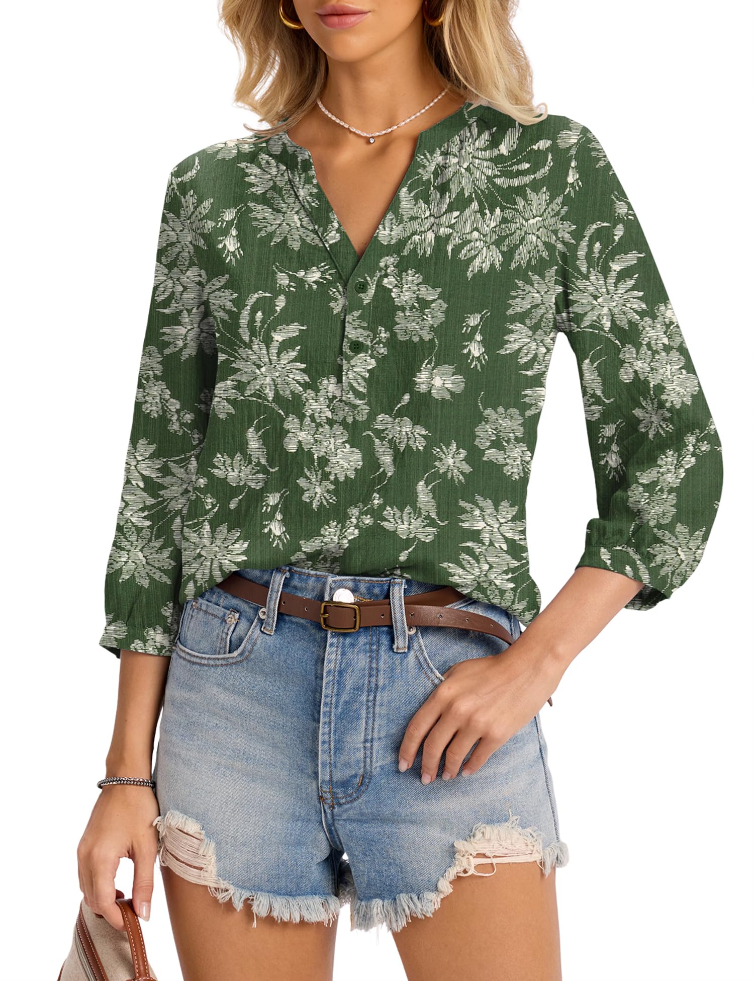 LOMON Womens Tops Dressy Summer 3/4 Length Sleeve Henley V Neck Button Down Shirts Pleated Blouses S-XXL
