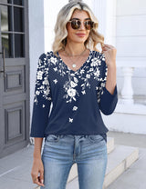 Lomon Women's V Neck T Shirts 3/4 Sleeve Blouse Summer Tops Dressy Casual Basic Tees