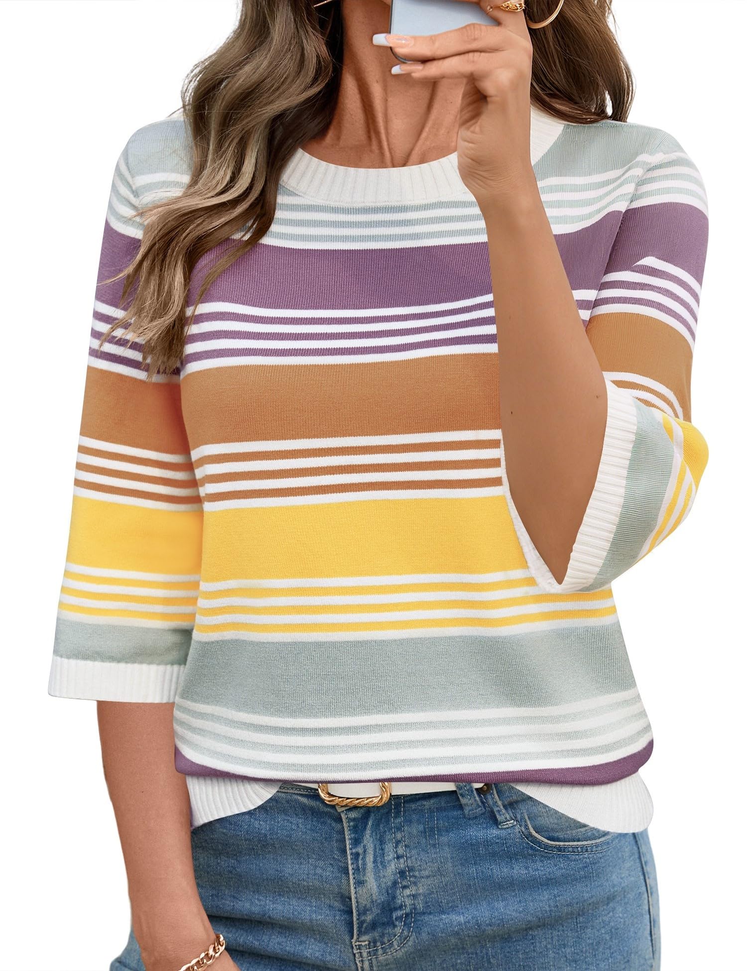LOMON Womens Sweaters Casual Fall 2025 Crew Neck Striped 3/4 Sleeve Lightweight Knit Trendy Pullover Sweater Tops S-XL