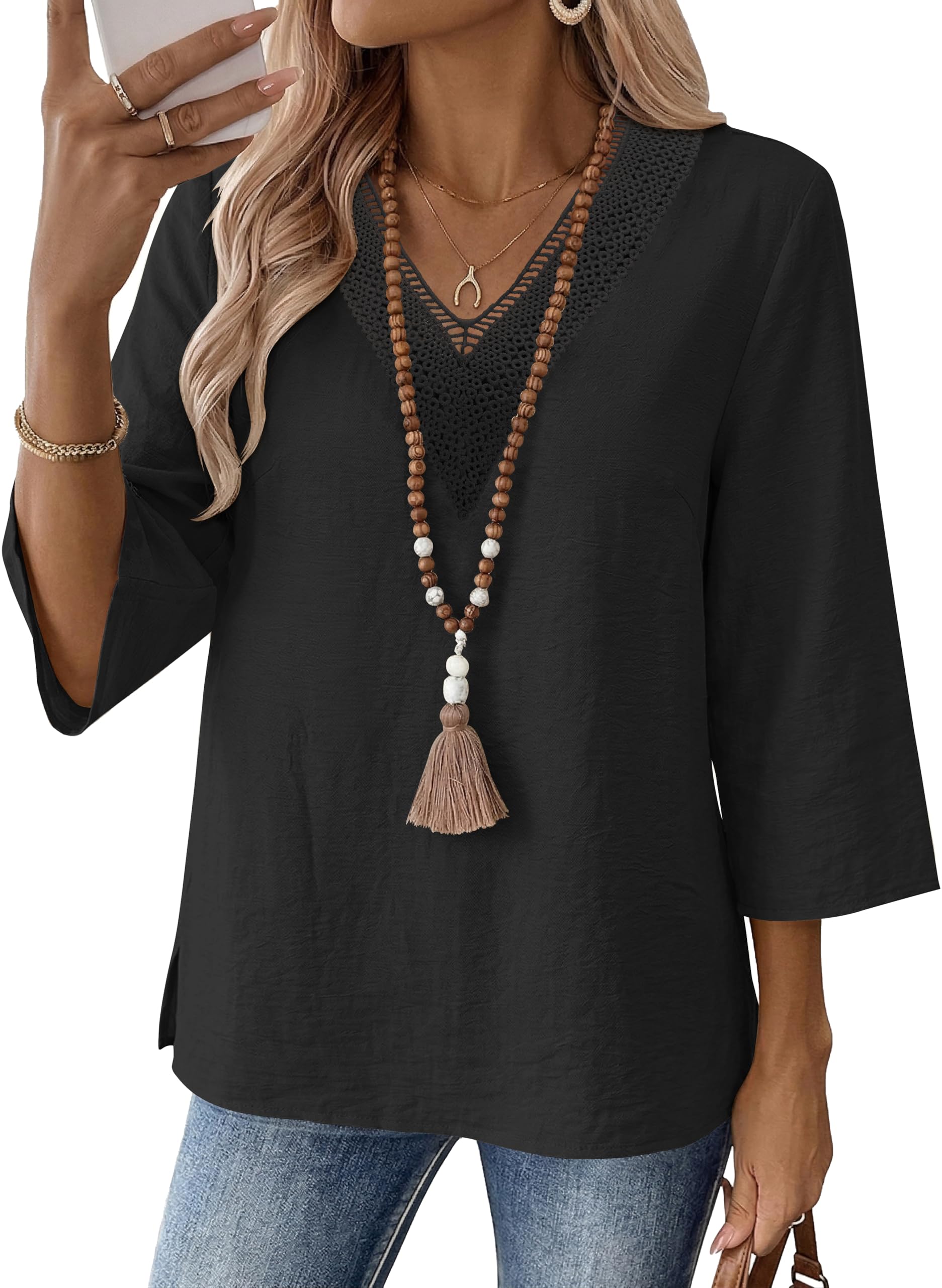 LOMON Women's 3/4 Length Sleeve Boho Tops V Neck Lace Summer Outfits Dressy Casual Flowy Shirts Vacation Clothes Blouses