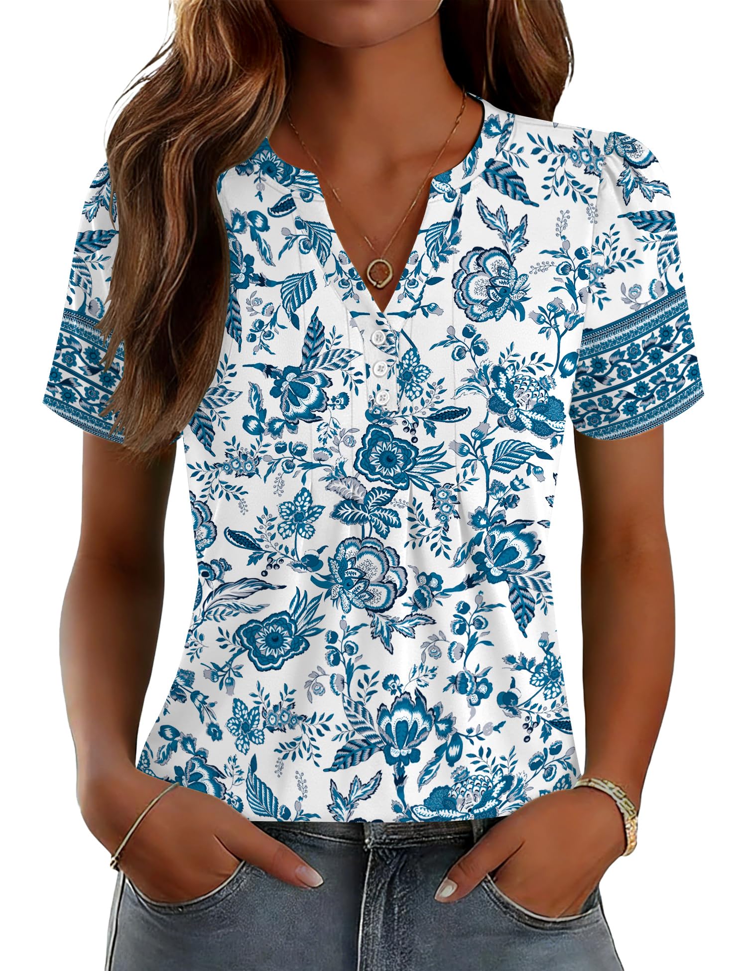 LOMON Womens Tops Dressy Casual V Neck Short Sleeve Shirts Summer Pleated Blouses Button Down Tunic Loose Fit