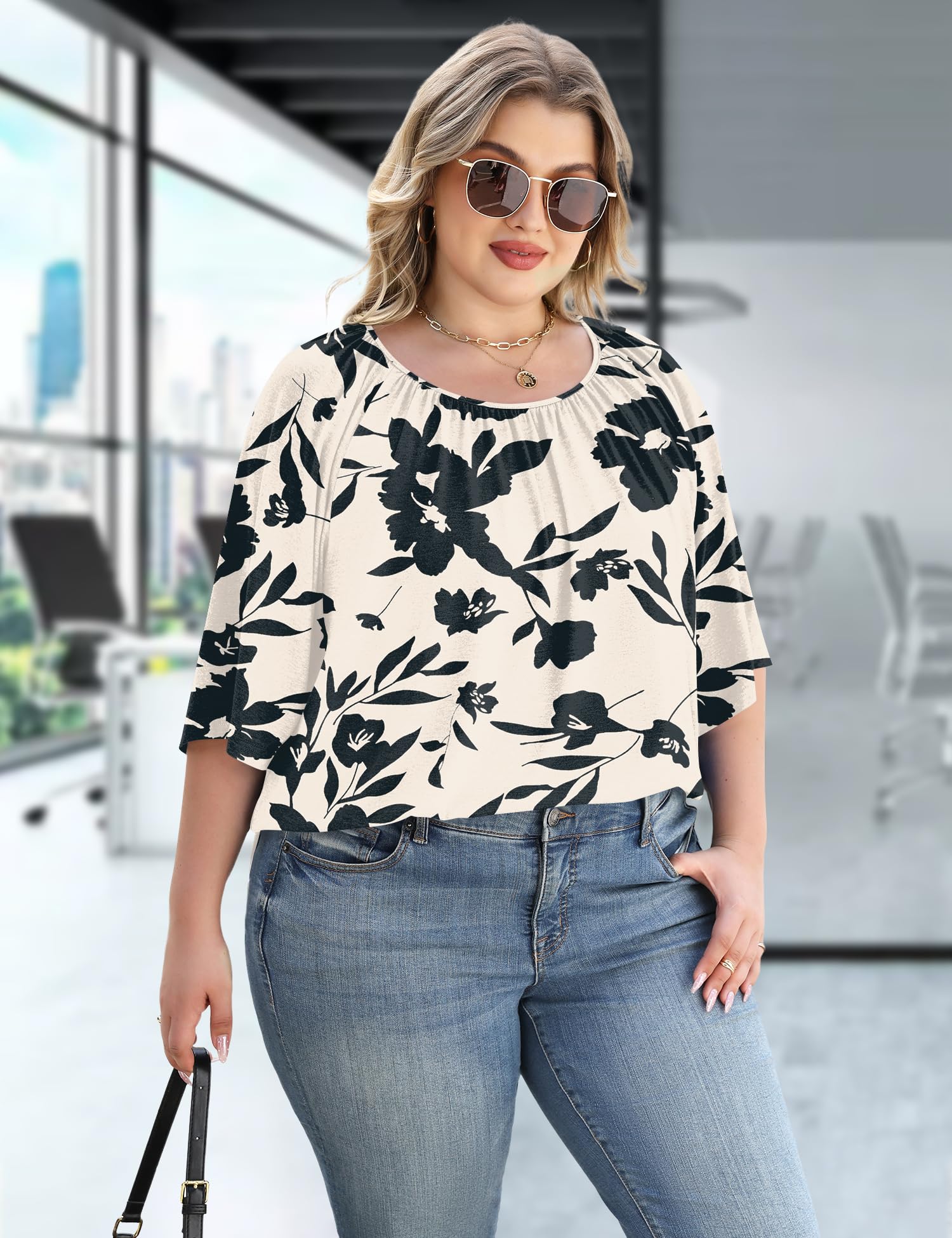 LOMON Womens Plus Size Tops Summer 3/4 Length Sleeve Crewneck Blouses Dressy Casual Loose Curvy Flowy Tunic Shirts 1X-5X