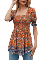 LOMON Women's Tunics Square Neck Puff Short Sleeve Smocked Top Ladies Peplum Blouse Tee Shirts 2025 Spring Summer S-XL