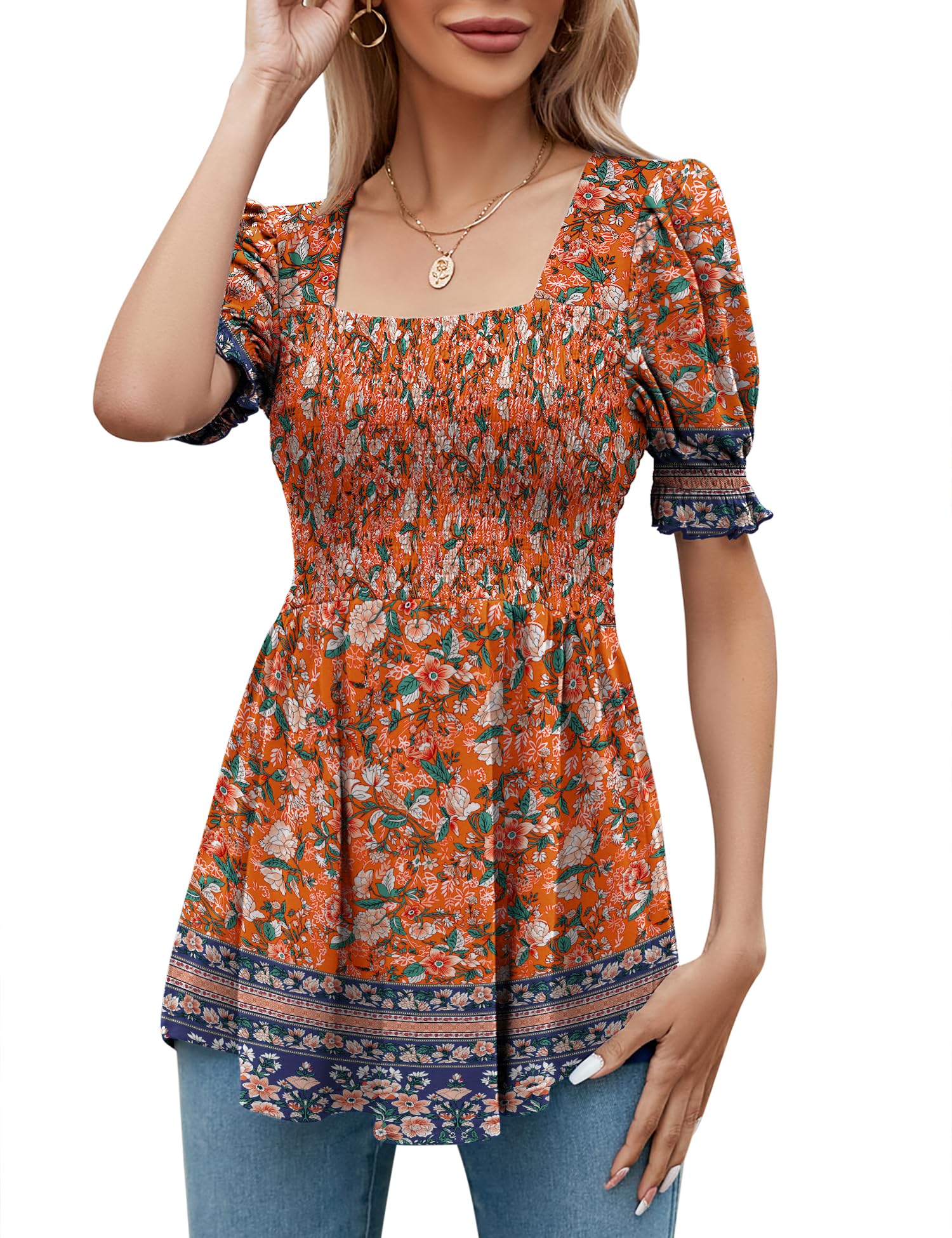 LOMON Women's Tunics Square Neck Puff Short Sleeve Smocked Top Ladies Peplum Blouse Tee Shirts 2025 Spring Summer S-XL