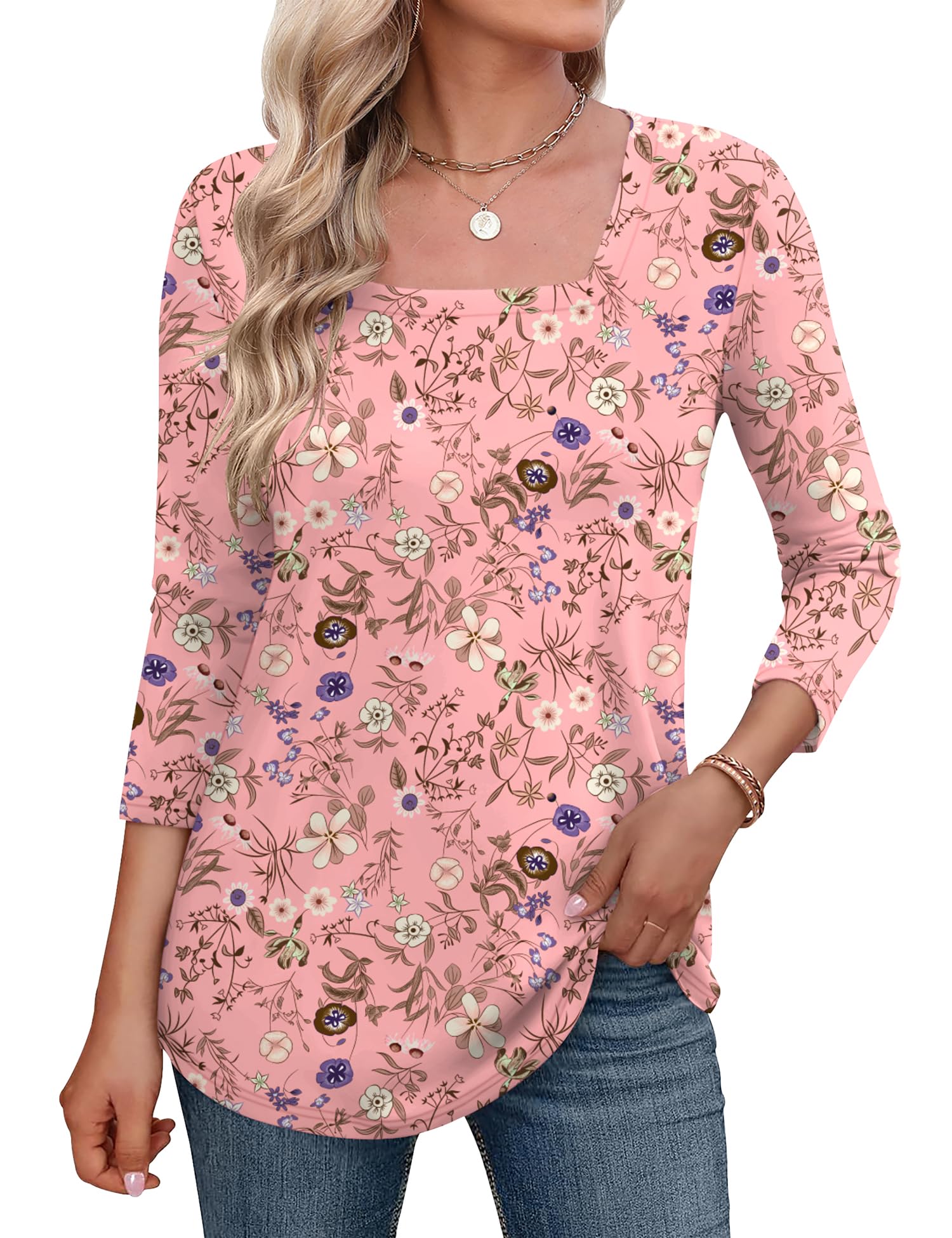 LOMON Women's 3/4 Sleeve Shirts Square Neck Summer Tops Dressy Casual Basic Tees Ladies T Shirts Blouses