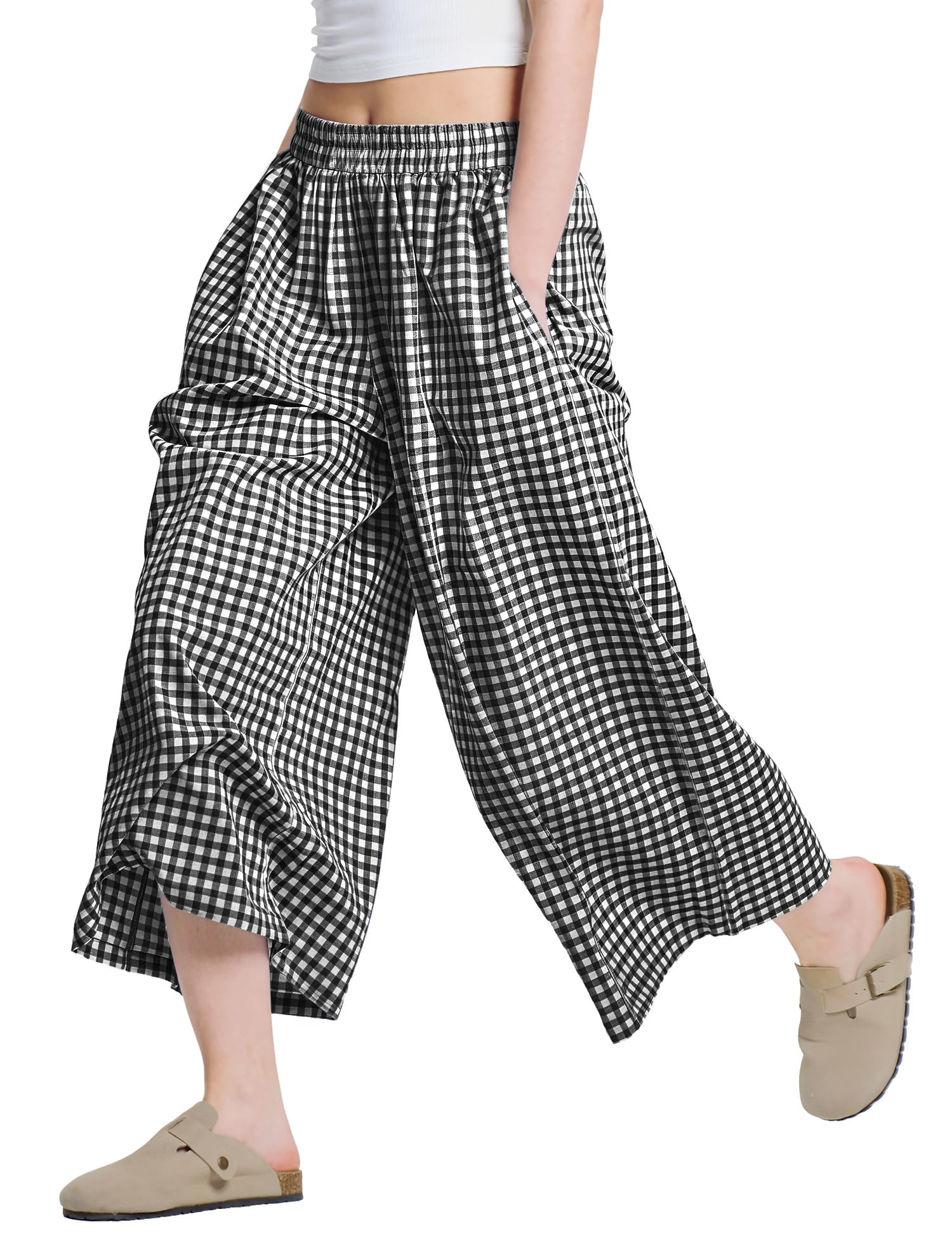 LOMON Womens Wide Leg Capri Pants Gingham Plaid Culottes Summer Elastic Waist Palazzo Trousers Bottoms with Pockets