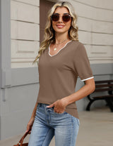 LOMON Womens 2026 Spring V Neck Sweater Casual Tops Short Sleeve Lightweight Ribbed Knit Pullover Sweaters
