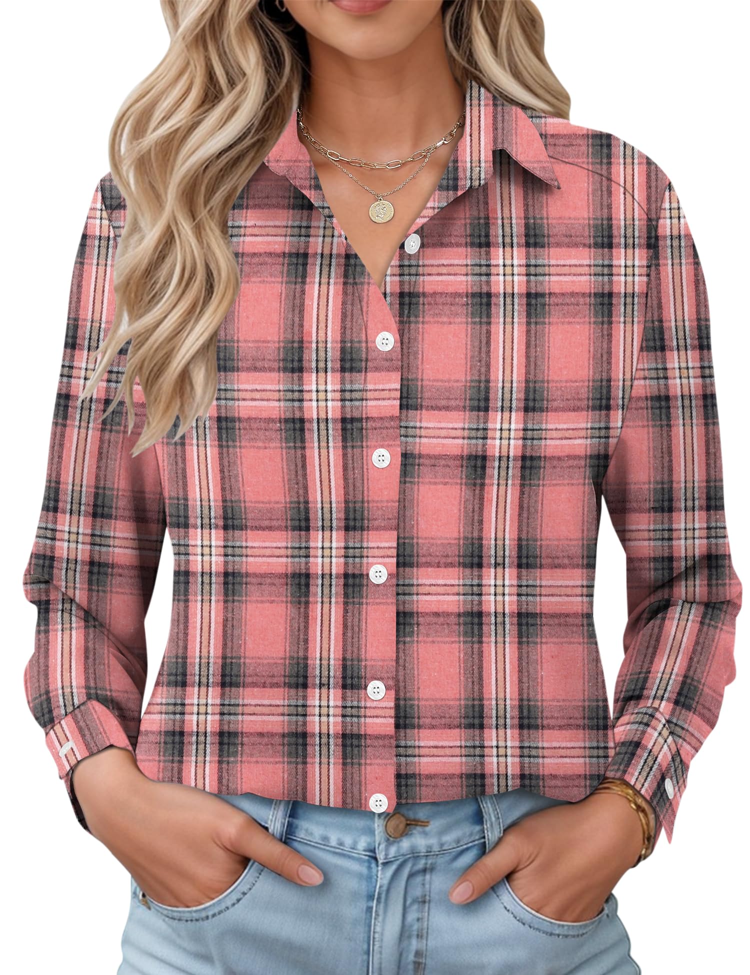 LOMON Womens Long Sleeve Button Down Shirts Casual Loose Fit Cotton Collared Blouses