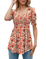 LOMON Women's Tunics Square Neck Puff Short Sleeve Smocked Top Ladies Peplum Blouse Tee Shirts 2025 Spring Summer S-XL