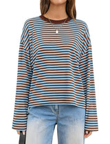 LOMON Striped Long Sleeve Shirt Women Y2k Oversized Crewneck Fall Spring Drop Shoulder Vintage Tops Teen Girl Clothes