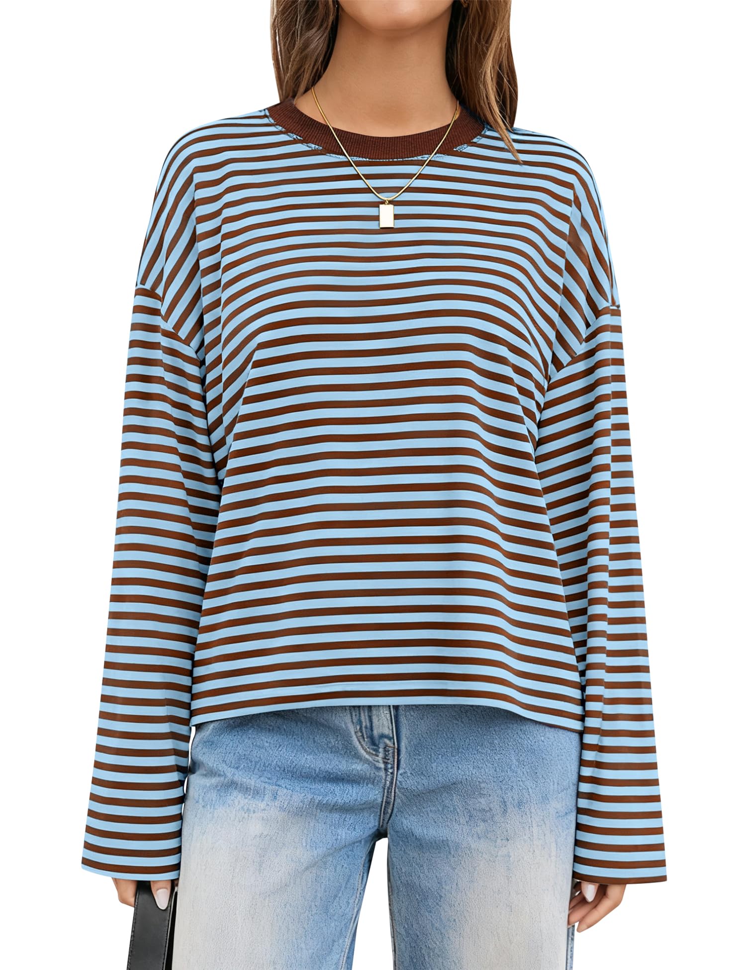 LOMON Striped Long Sleeve Shirt Women Y2k Oversized Crewneck Fall Spring Drop Shoulder Vintage Tops Teen Girl Clothes