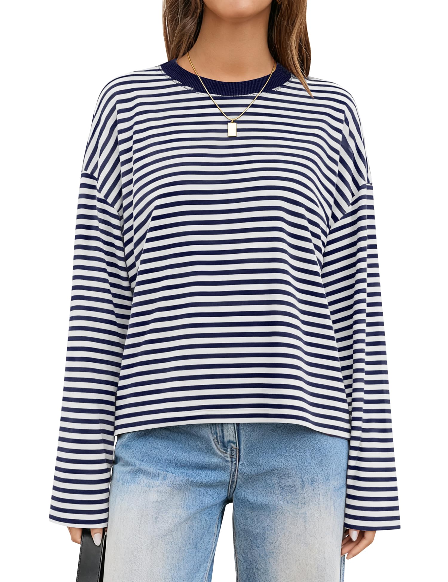 LOMON Striped Long Sleeve Shirt Women Y2k Oversized Crewneck Fall Spring Drop Shoulder Vintage Tops Teen Girl Clothes