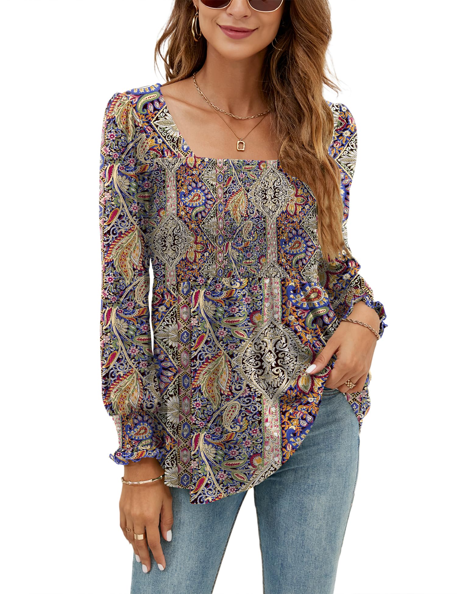 LOMON Blouses for Women Puff Long Sleeve Shirts Square Neck Casual Smocked Tunic Tops 2024 Spring Fall Winter Clothes S-XL