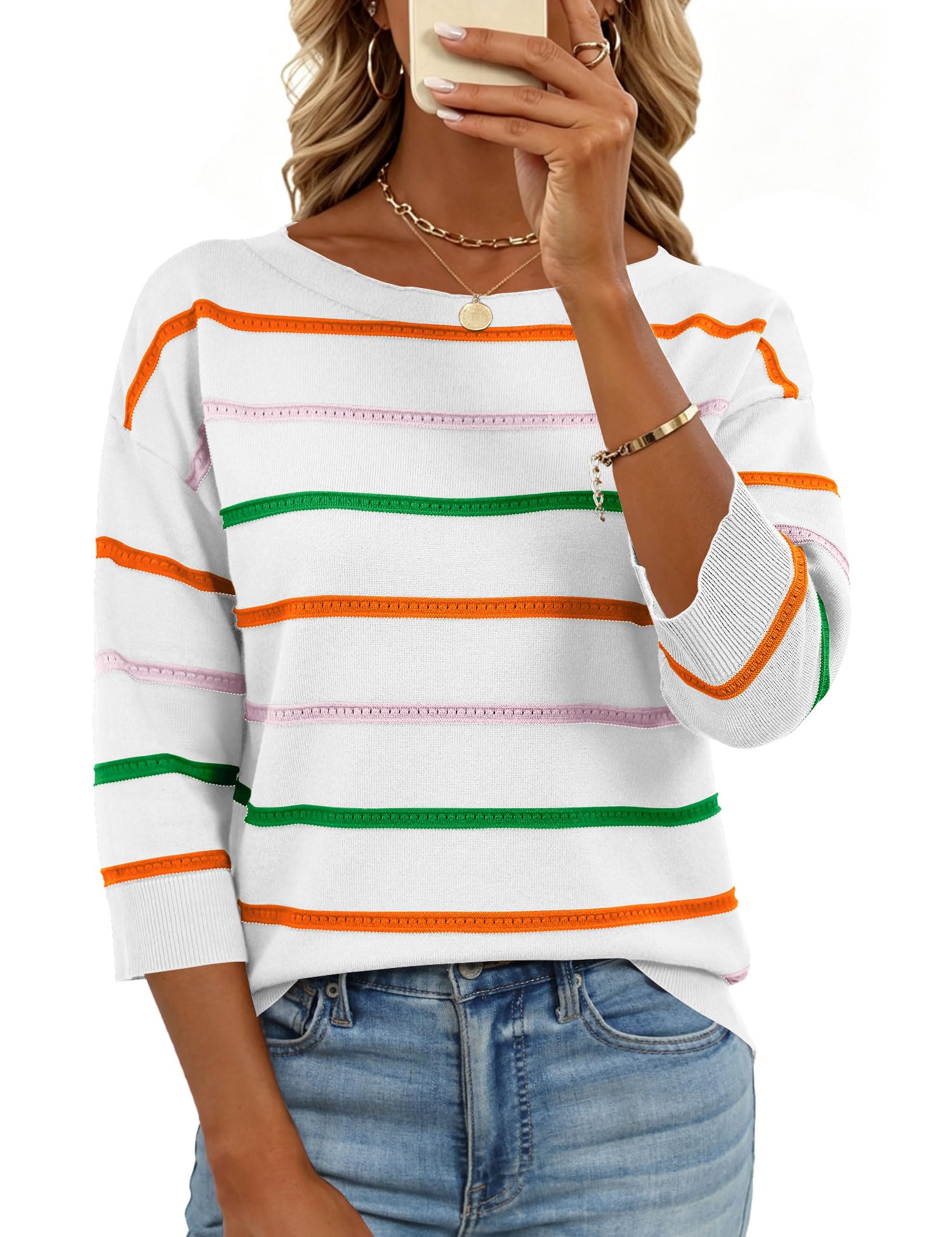 LOMON Womens Sweaters Casual Boat Neck 3/4 Sleeve Lightweight Knit Trendy Pullover Sweater Summer Tops S-XL