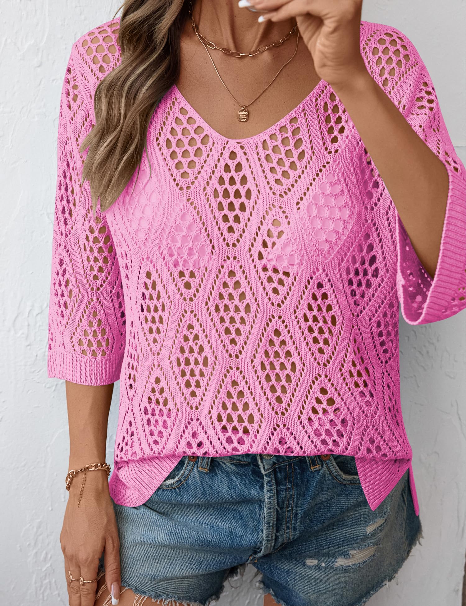 LOMON Womens 3/4 Sleeve Crochet Tops Off Shoulder Hollow Out Sweater V Neck Casual Loose Fit Beach Cover Up