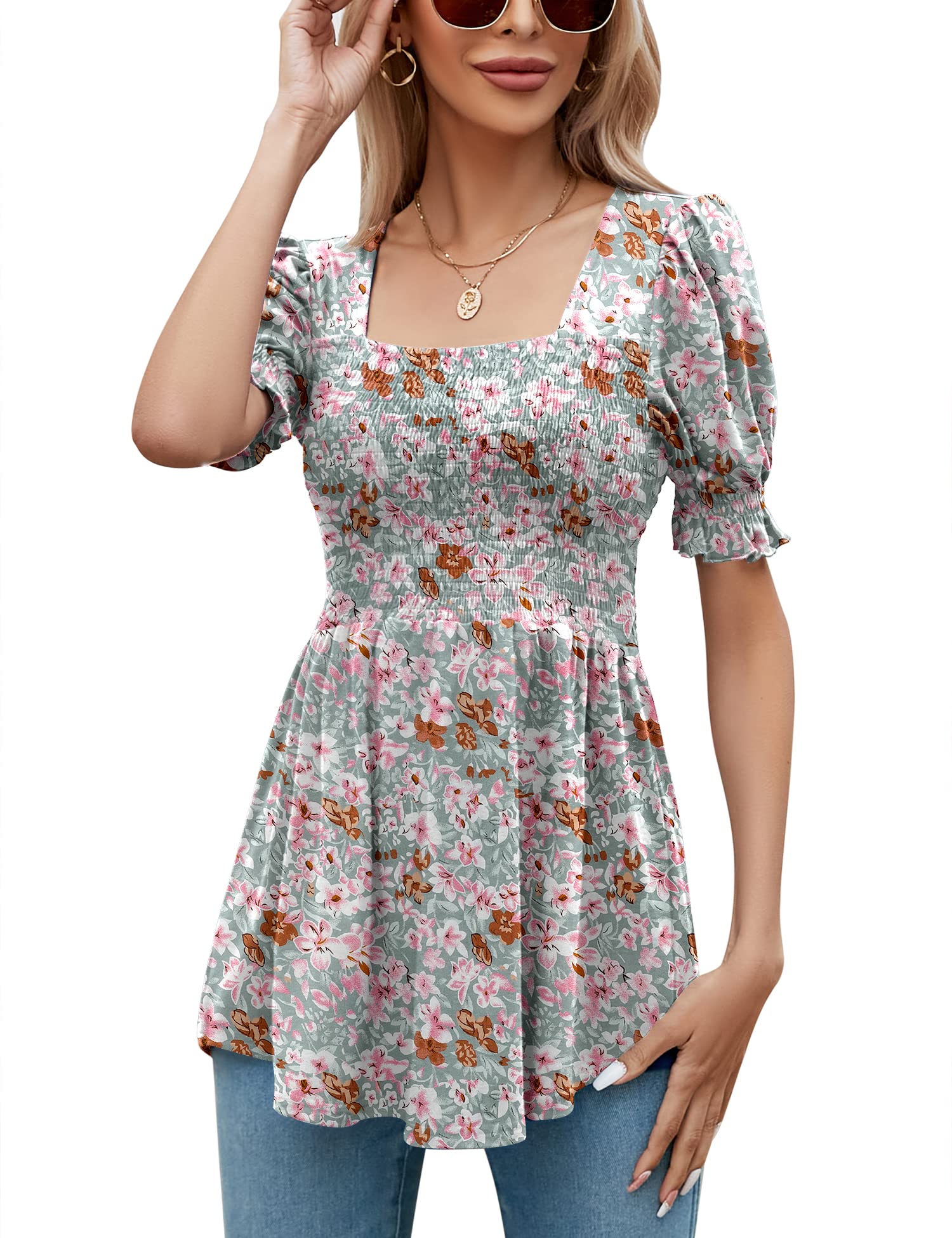 LOMON Women's Tunics Square Neck Puff Short Sleeve Smocked Top Ladies Peplum Blouse Tee Shirts 2025 Spring Summer S-XL