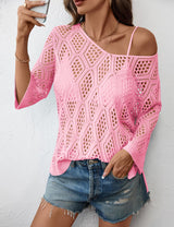 LOMON Womens 3/4 Sleeve Crochet Tops Off Shoulder Hollow Out Sweater V Neck Casual Loose Fit Beach Cover Up