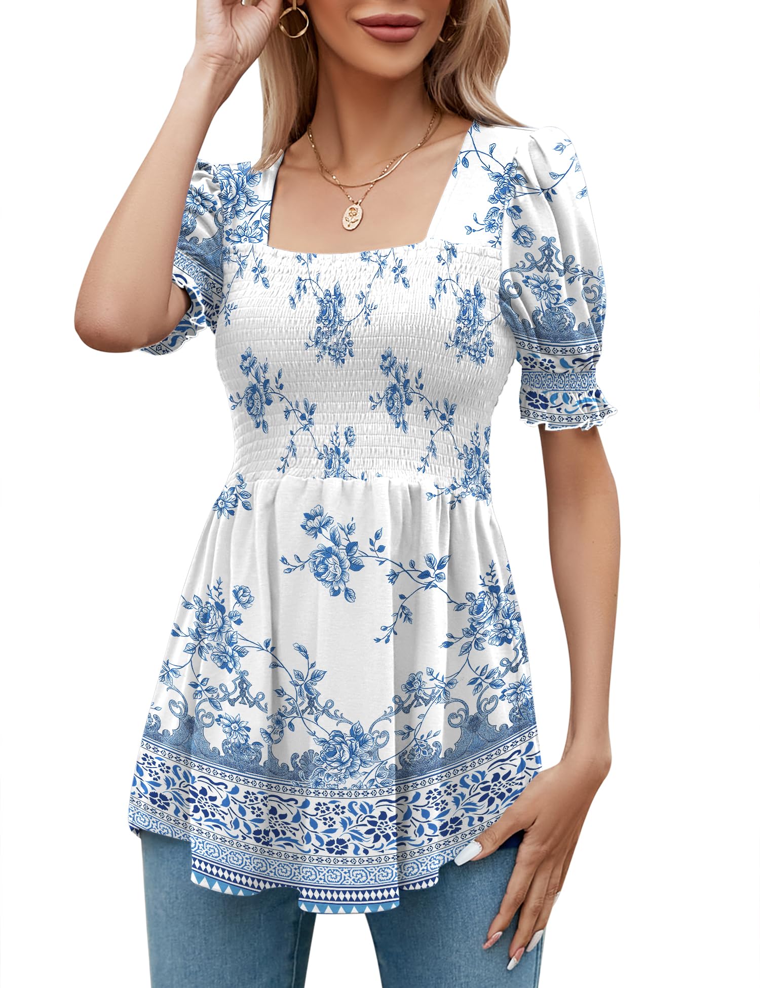 LOMON Women's Tunics Square Neck Puff Short Sleeve Smocked Top Ladies Peplum Blouse Tee Shirts 2025 Spring Summer S-XL