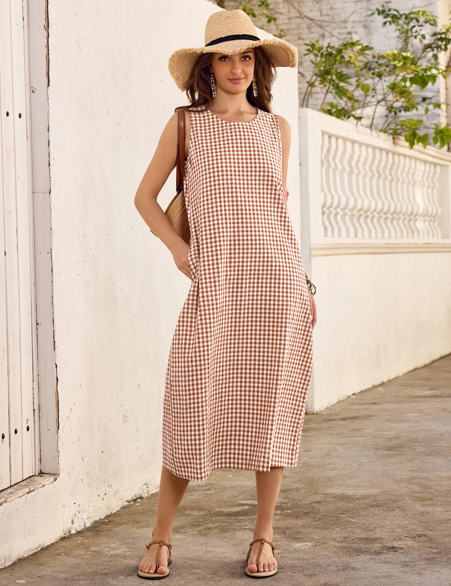 LOMON Summer Dresses for Women Cotton Casual Maxi Dress Beach Vacation Long Sundresses Plaid Striped with Pockets