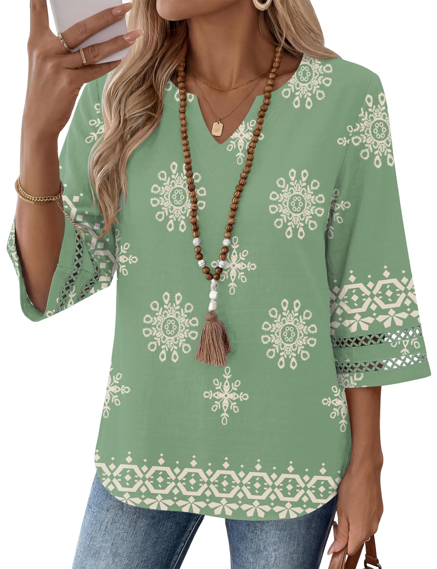 LOMON Womens 3/4 Sleeve V Neck Bohemian Blouses Casual Loose Fit Tunic Tops Vacation Clothes