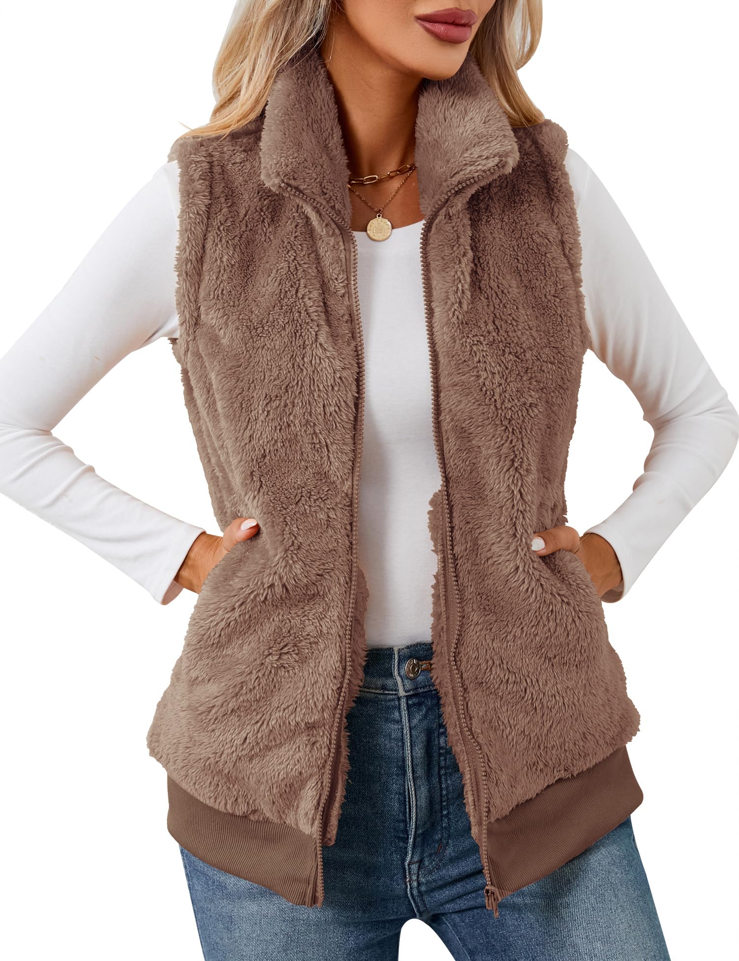 LOMON Womens Fuzzy Fleece Vest, Casual Warm Sleeveless Zip Up Sherpa Vest Jacket with Pockets for Fall/Winter