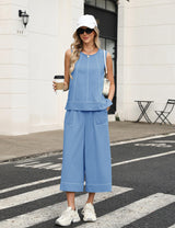 LOMON Two Piece Sets for Women Summer Outfits Sleeveless Tank Tops Wide Leg Crop Pants Matching Lounge Vacation Travel
