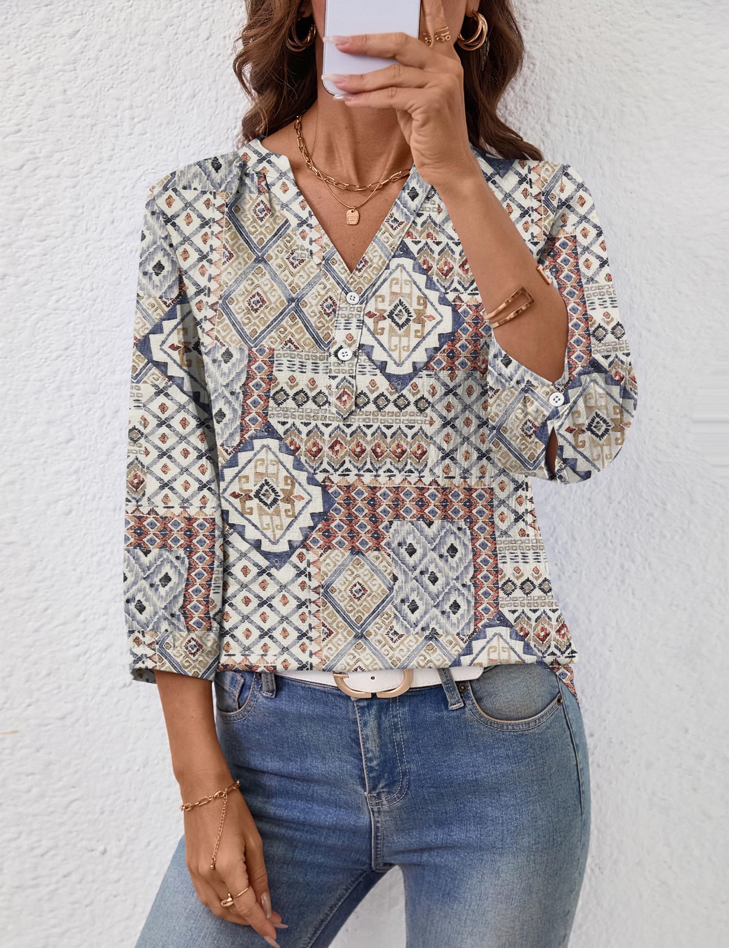 LOMON Womens Tops Dressy Summer 3/4 Length Sleeve Henley V Neck Button Down Shirts Pleated Blouses S-XXL