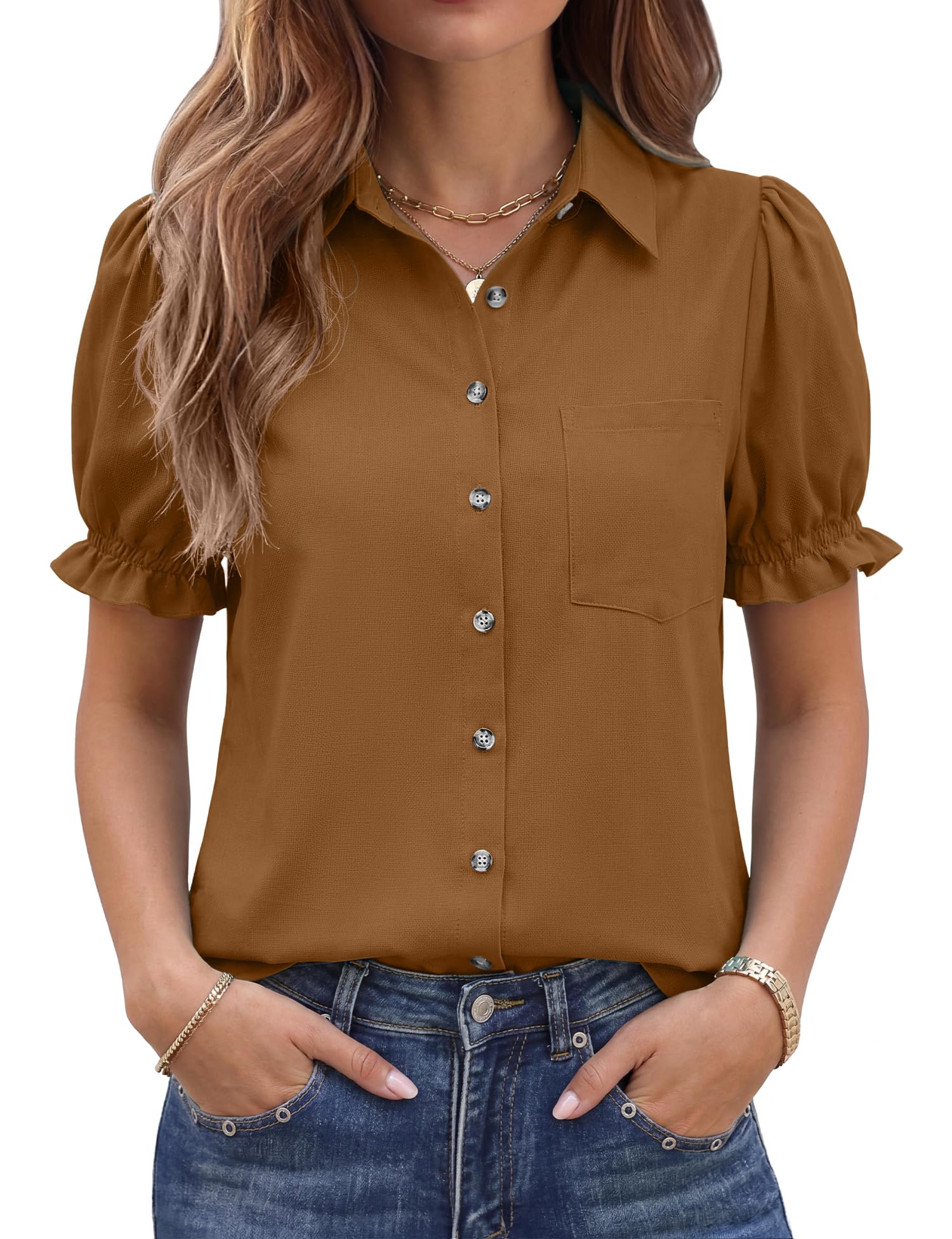 LOMON Linen Shirts for Women Puff Sleeve Button Down Summer Casual Cotton Linen Blouses Collared Work Tops Dressy