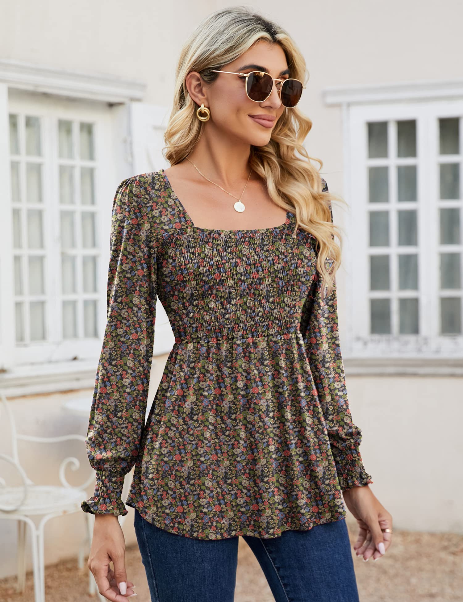 LOMON Blouses for Women Puff Long Sleeve Shirts Square Neck Casual Smocked Tunic Tops 2024 Spring Fall Winter Clothes S-XL