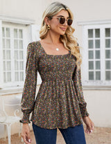 LOMON Blouses for Women Puff Long Sleeve Shirts Square Neck Casual Smocked Tunic Tops 2024 Spring Fall Winter Clothes S-XL