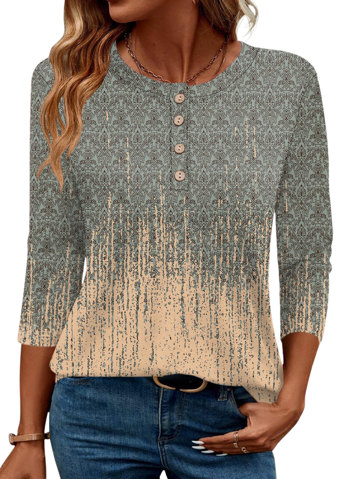 LOMON 3/4 Length Sleeve Womens Tops Dressy Casual Crewneck Pullover Tunics Summer Cute Blouses Fashion 2025 Tees Shirts