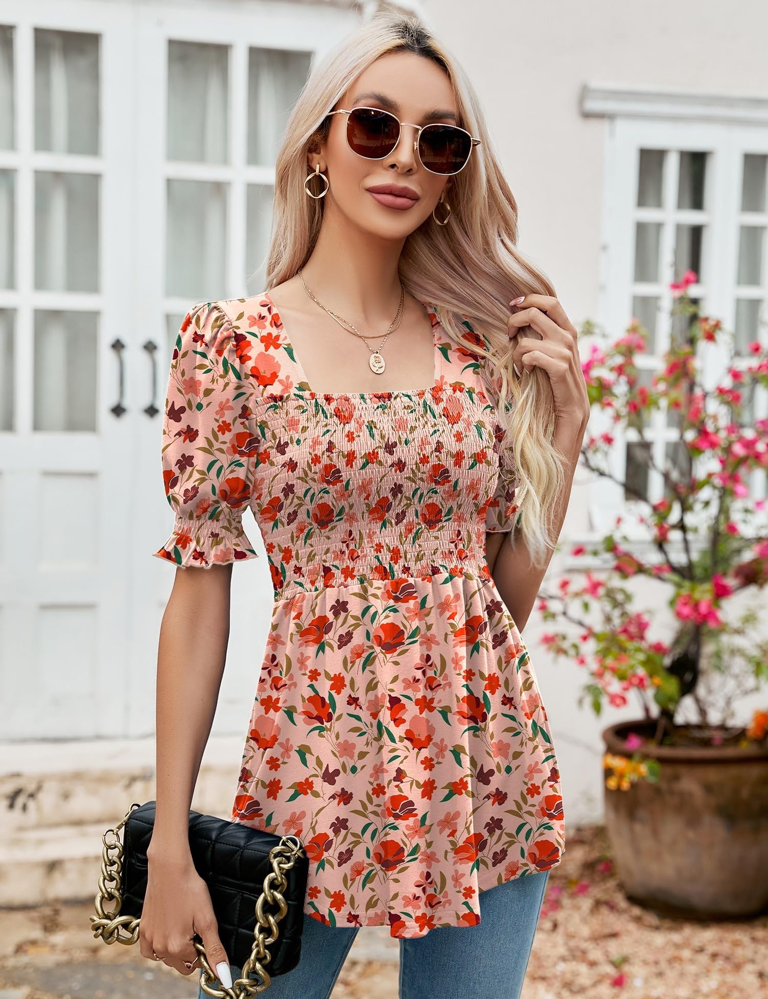 LOMON Women's Tunics Square Neck Puff Short Sleeve Smocked Top Ladies Peplum Blouse Tee Shirts 2025 Spring Summer S-XL