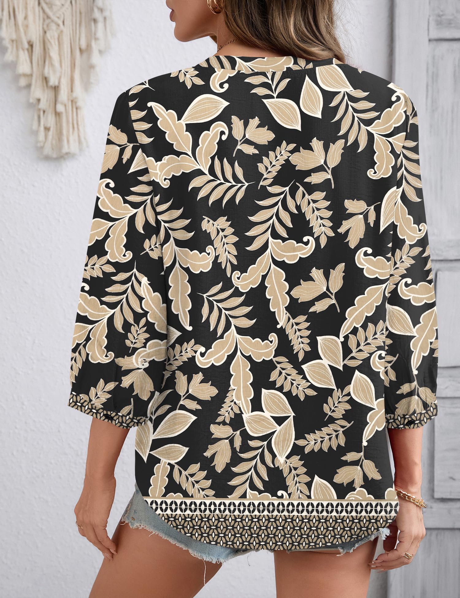 LOMON Womens 3/4 Sleeve V Neck Boho Peasant Blouses Dressy Casual Breathable Soft Tunic Tops with Button Cuffs