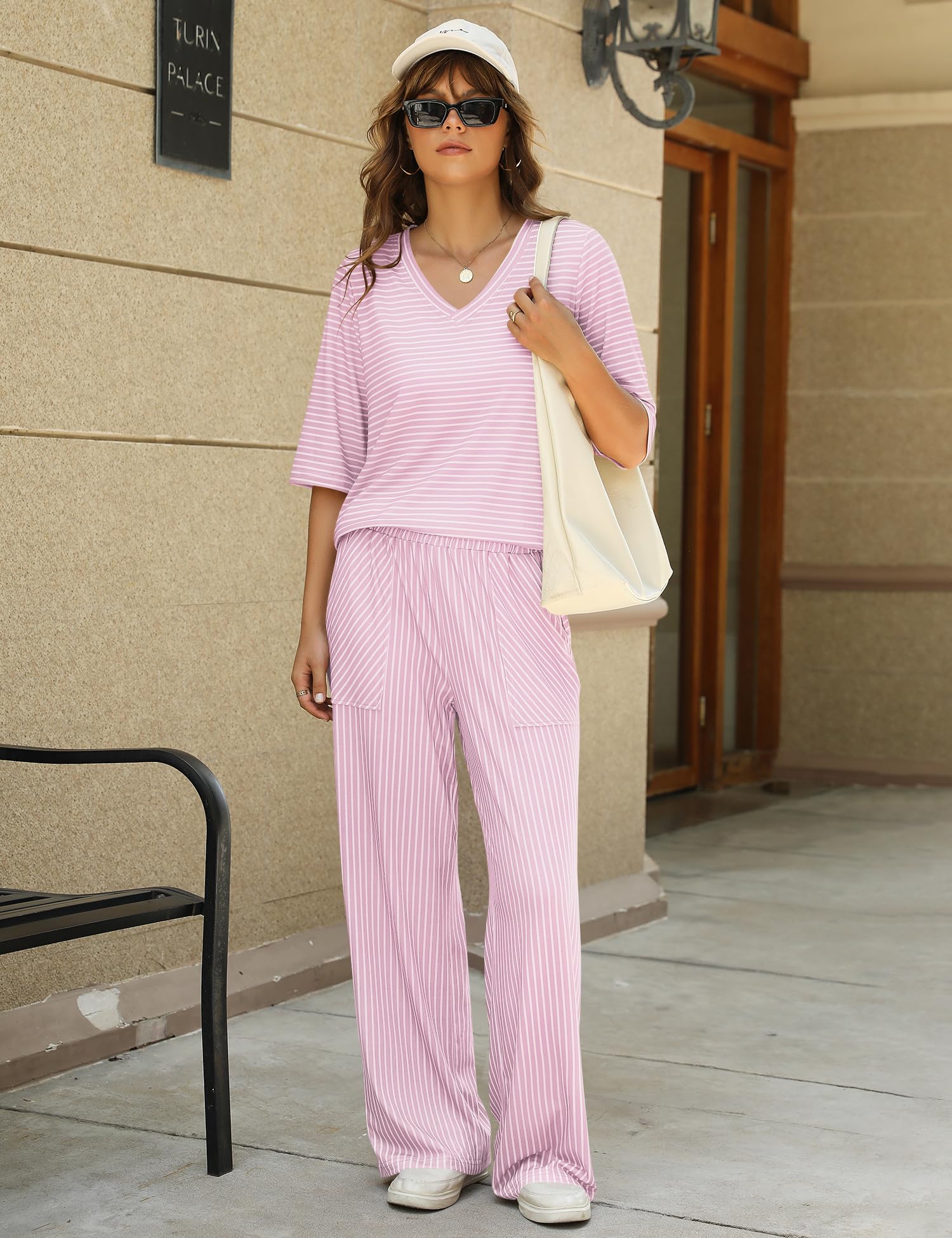 LOMON Women's 2 Piece Lounge Pajama Sets Soft 3/4 Sleeve Tops and Wide Leg Pants Loose Casual Outfits with Pockets