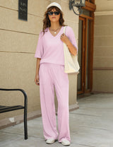 LOMON Women's 2 Piece Lounge Pajama Sets Soft 3/4 Sleeve Tops and Wide Leg Pants Loose Casual Outfits with Pockets