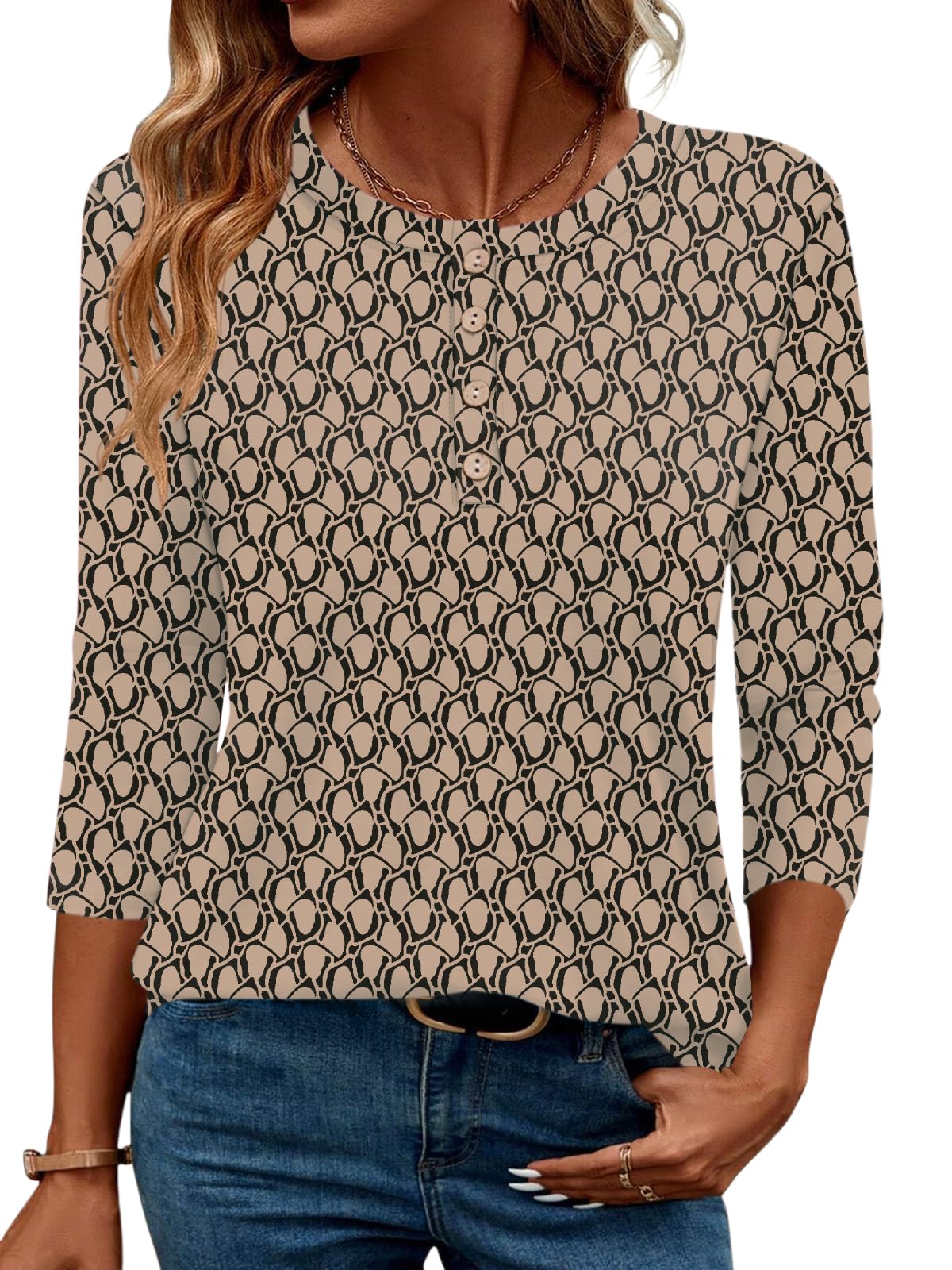 LOMON 3/4 Length Sleeve Womens Tops Dressy Casual Crewneck Pullover Tunics Summer Cute Blouses Fashion 2025 Tees Shirts